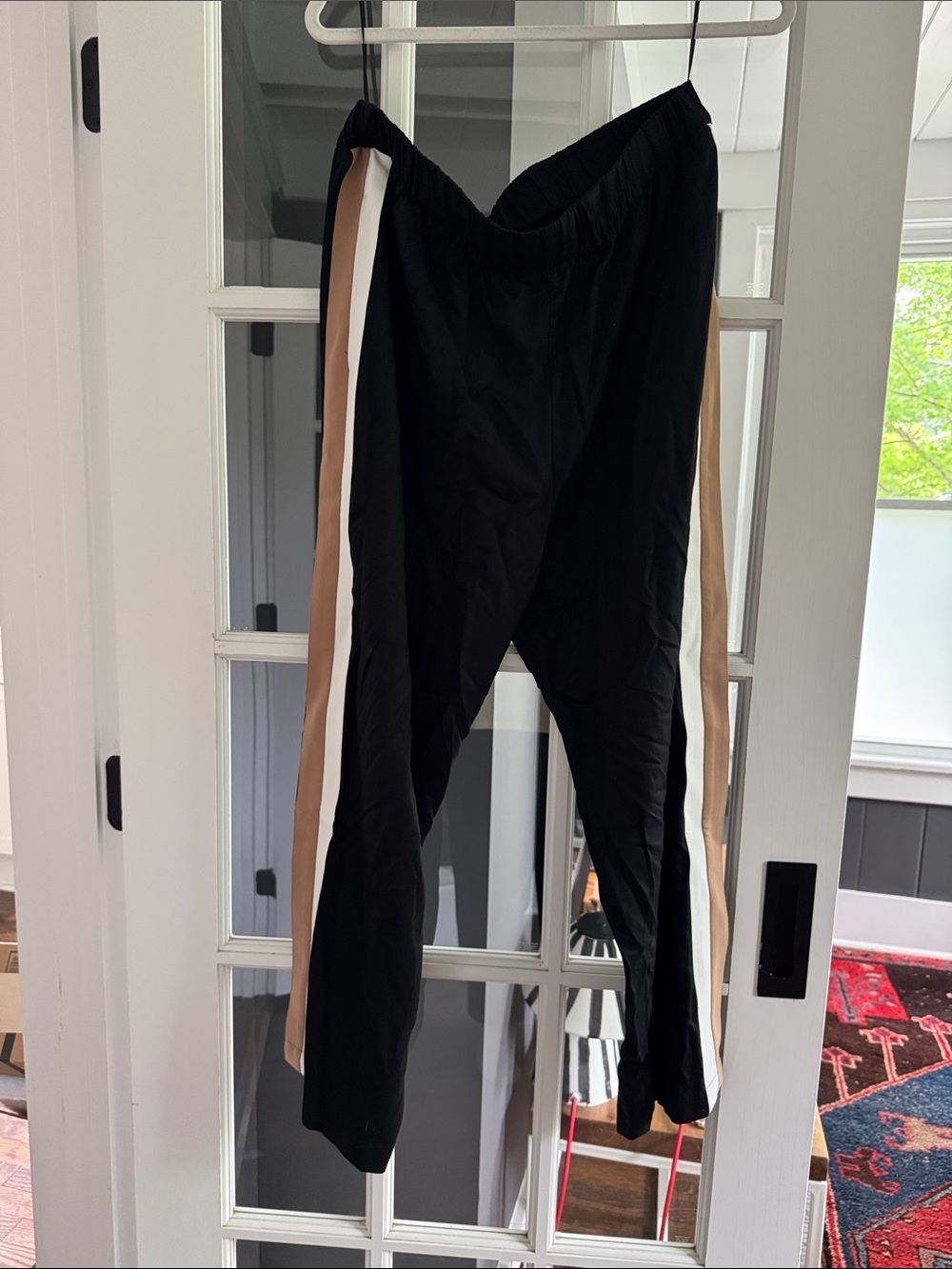 Black Straight-Leg Track Pants with Tan and White Side Stripes